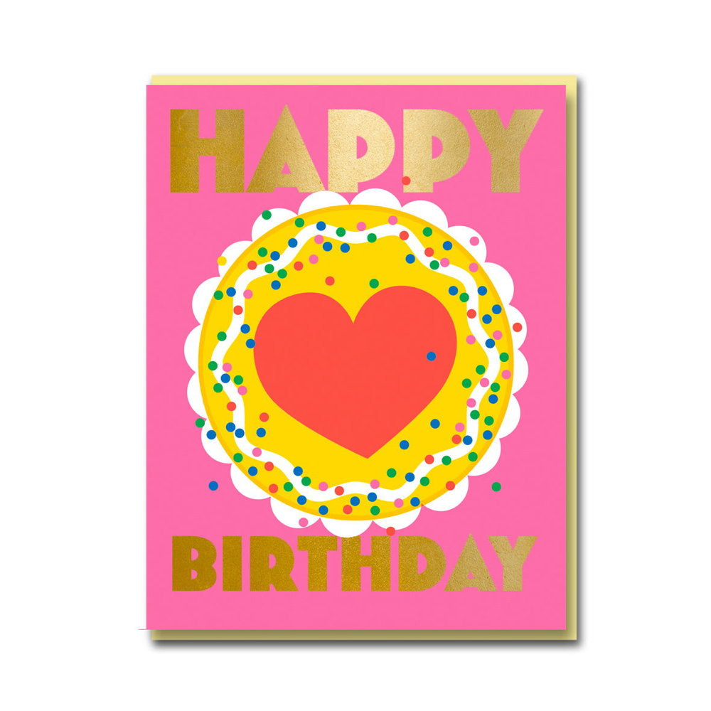 Pink card with a gold sprinkled cake and red heart: Happy Birthday