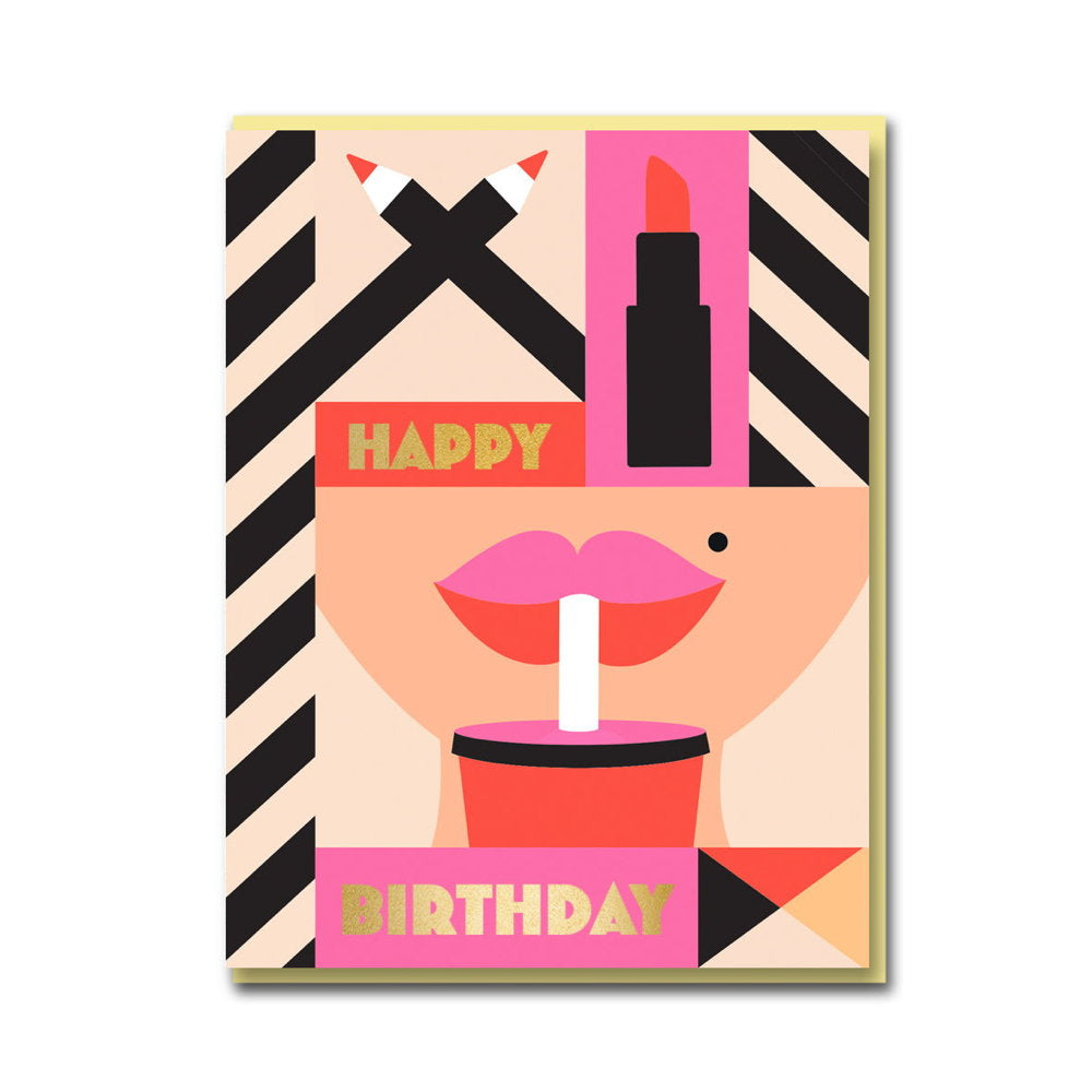 1973 card: a geometric pop-art face with red lips sipping a soda through a straw, a lipstick and 'Happy birthday'
