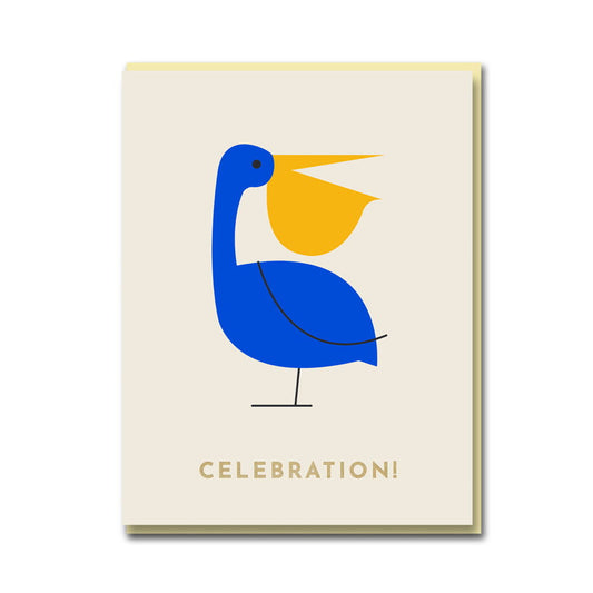 Cream card with a blue pelican with a yellow beak: Celebration!