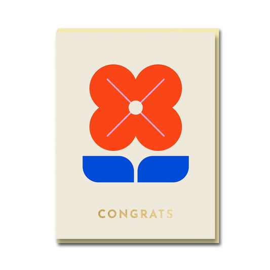 Cream card with a bold orange and blue flower: Congrats