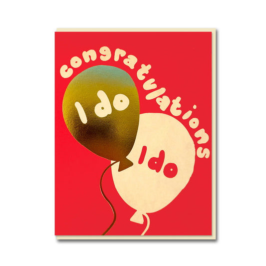 1973 card: two balloons reading 'I do' and 'I do' on red, with 'Congratulations'