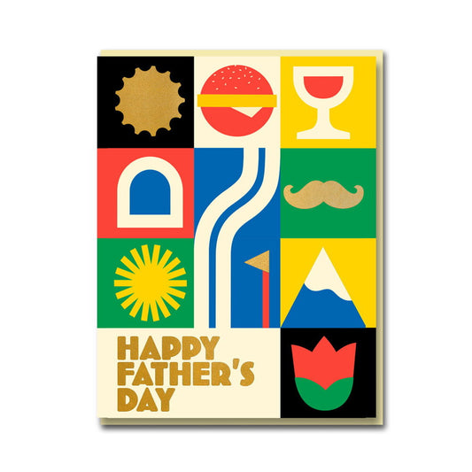 Father's Day card with a grid of colourful icons including a burger, a moustache and a mountain: Happy Father's Day