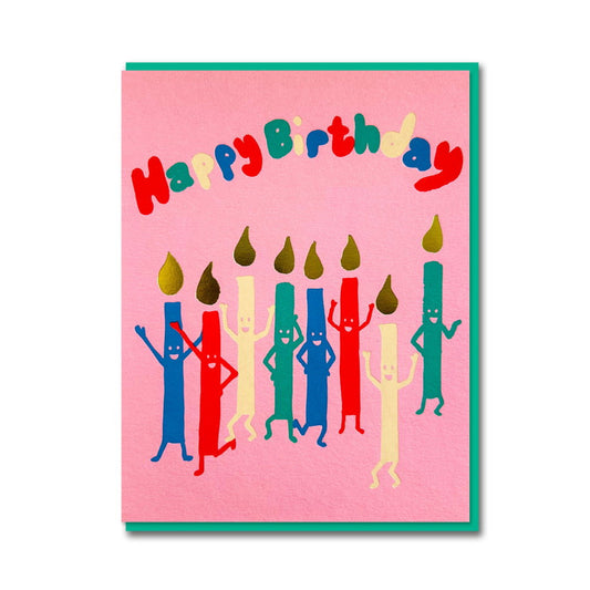 Pink card with dancing candle characters: Happy Birthday