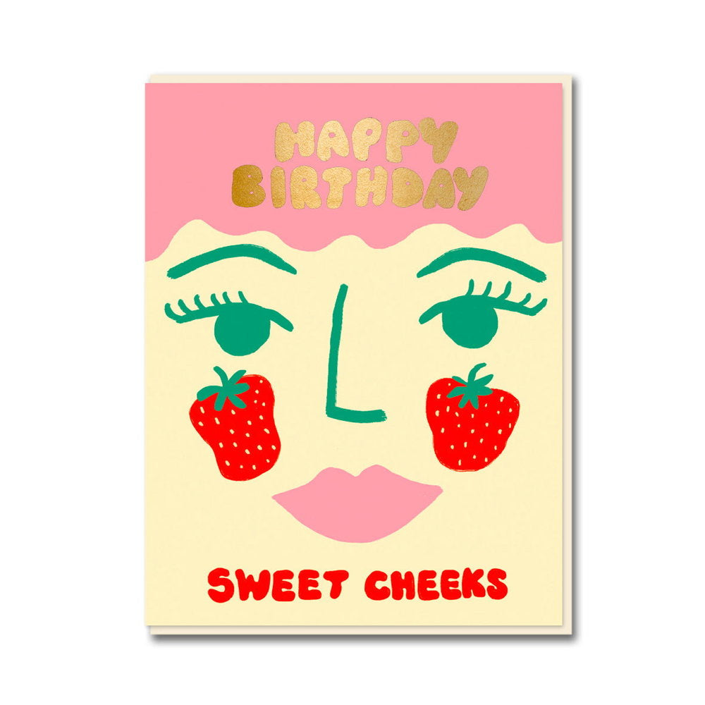 1973 card: a smiling face with strawberry cheeks, with gold 'Happy birthday' and 'Sweet cheeks'