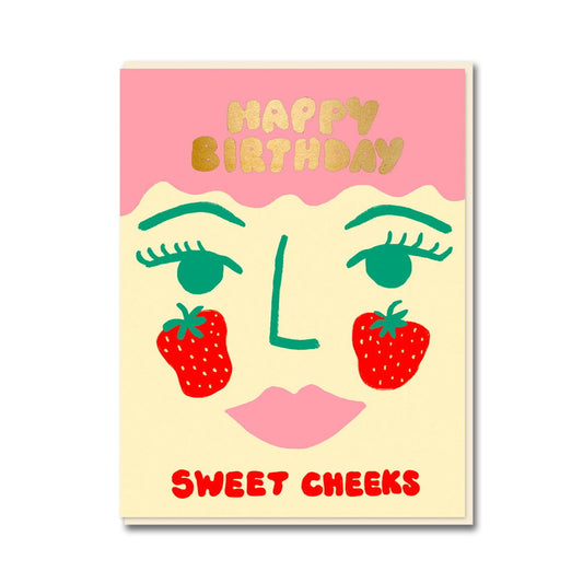 1973 card: a smiling face with strawberry cheeks, with gold 'Happy birthday' and 'Sweet cheeks'