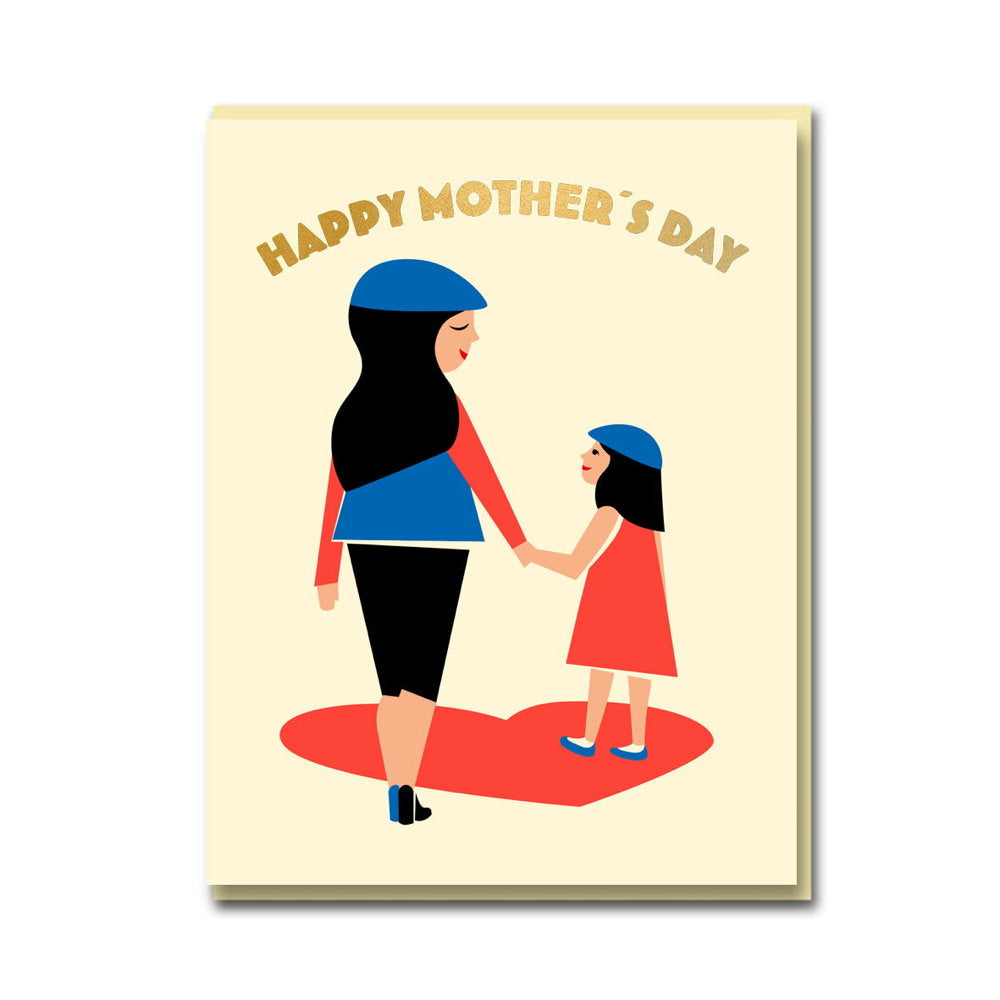 1973 card: a mother and daughter in blue berets holding hands, with gold 'Happy Mother's Day'
