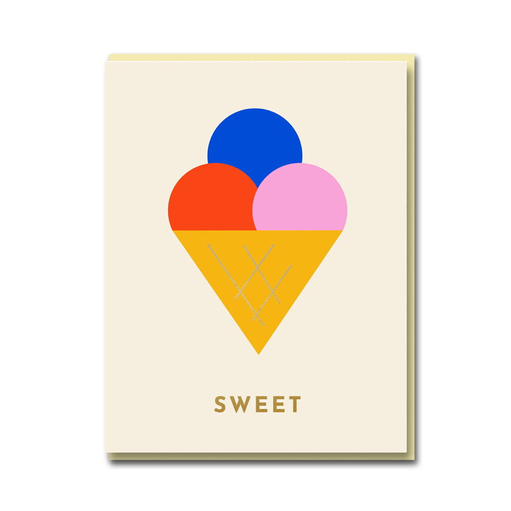 1973 card: an ice cream cone with blue, red and pink scoops, with gold 'Sweet'