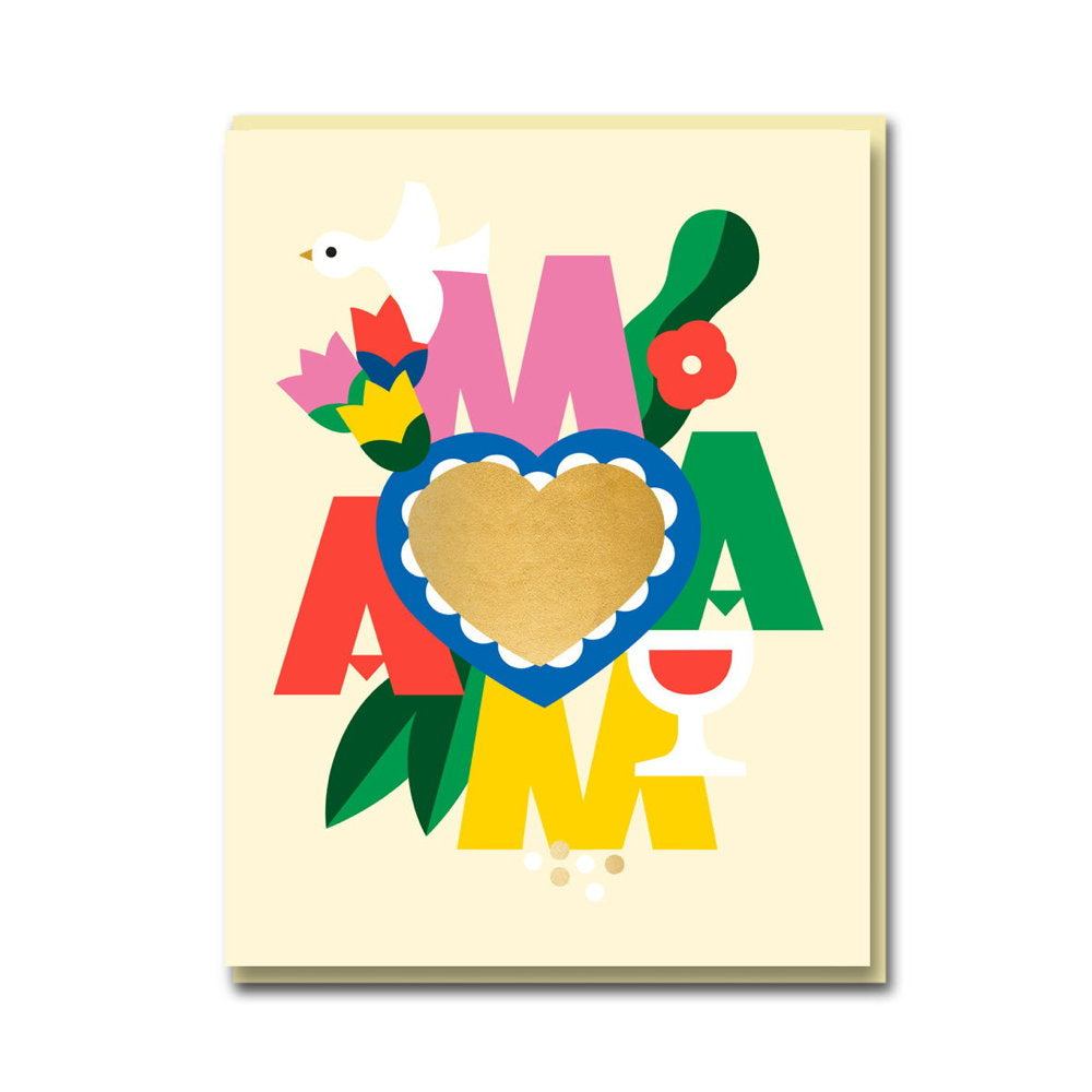 1973 card: 'Mama' in bright letters around a gold heart with flowers and a dove