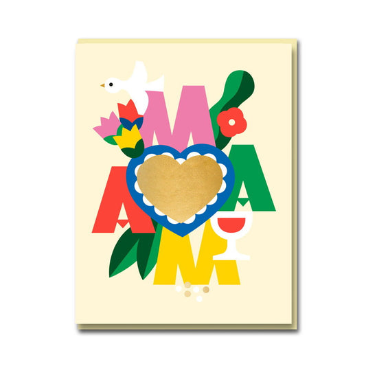 1973 card: 'Mama' in bright letters around a gold heart with flowers and a dove