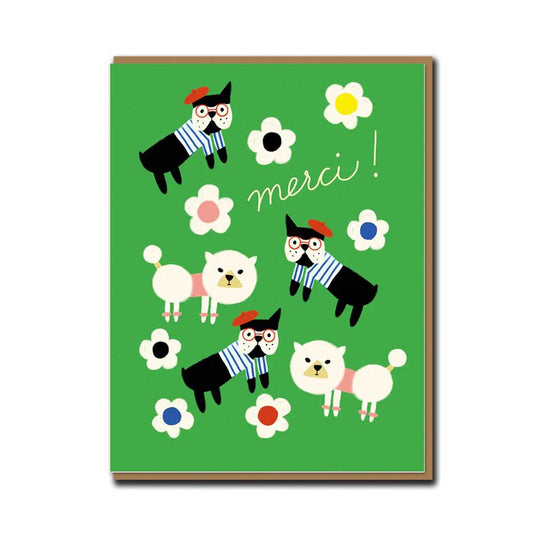 1973 card: French bulldogs and poodles in berets among flowers, with 'Merci!' on green