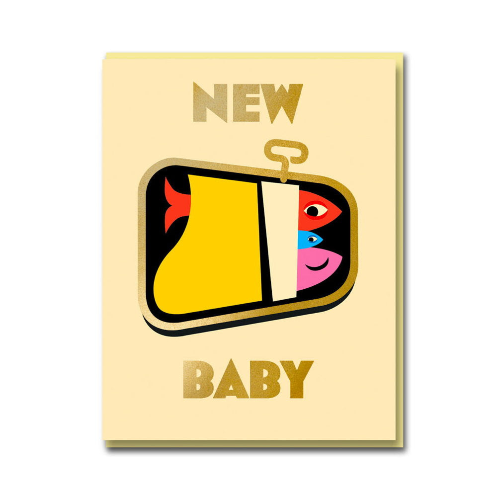 1973 card: an open tin of colourful sardines, with gold 'New baby'