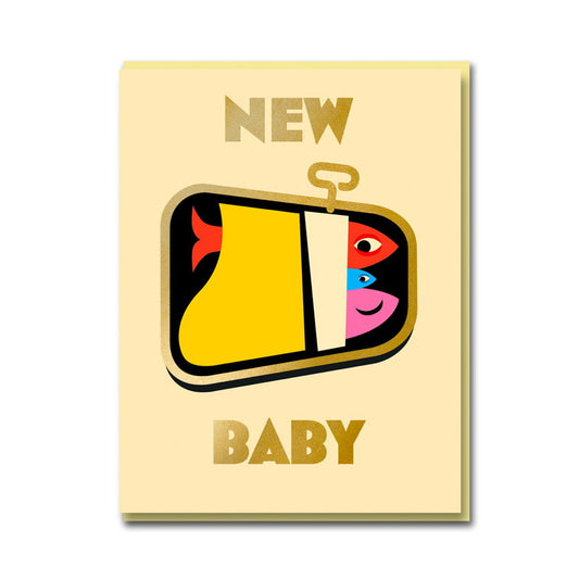 1973 card: an open tin of colourful sardines, with gold 'New baby'