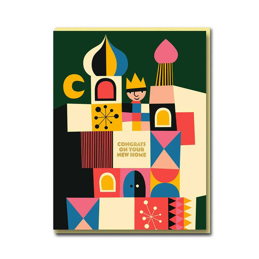 1973 card: a colourful palace with domes and a crowned figure, with 'Congrats on your new home'