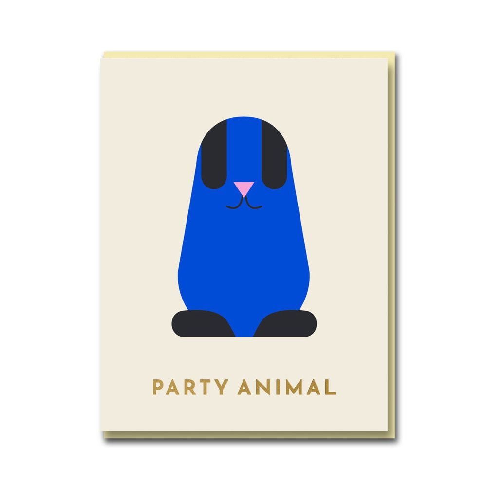 1973 card: a blue bunny shape on cream, with gold 'Party animal'