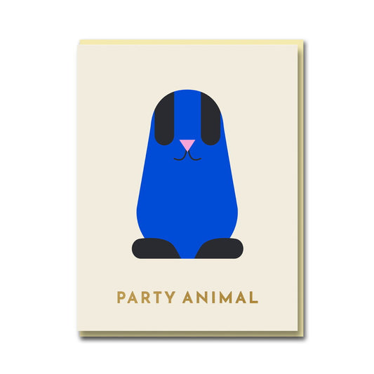 1973 card: a blue bunny shape on cream, with gold 'Party animal'