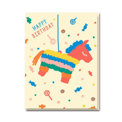Piñata birthday card shown smaller with its envelope