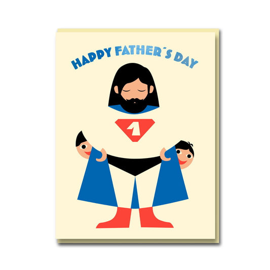 1973 card: a superhero dad in a cape holding two children, with 'Happy Father's Day'