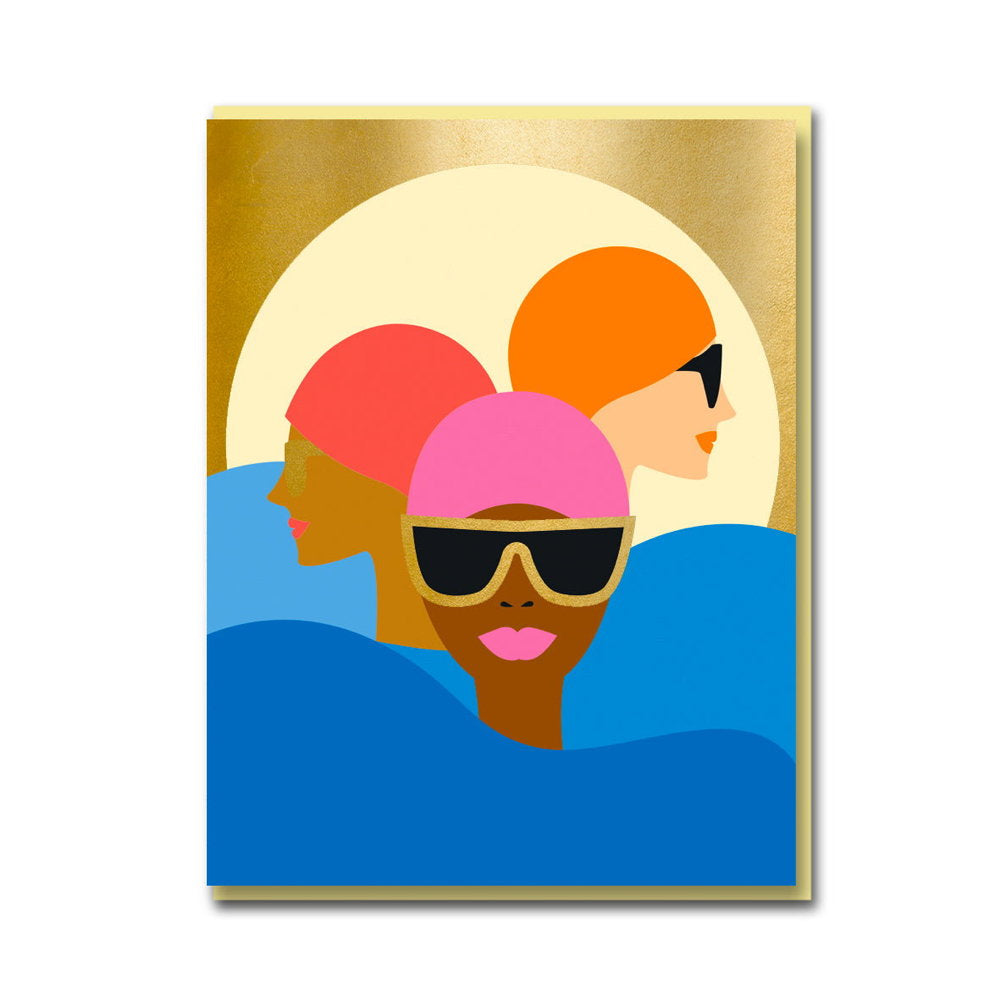 1973 card: three swimmers in coloured caps and sunglasses on gold