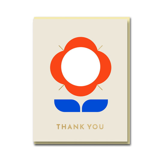1973 card: an orange flower with blue leaves, with gold 'Thank you'