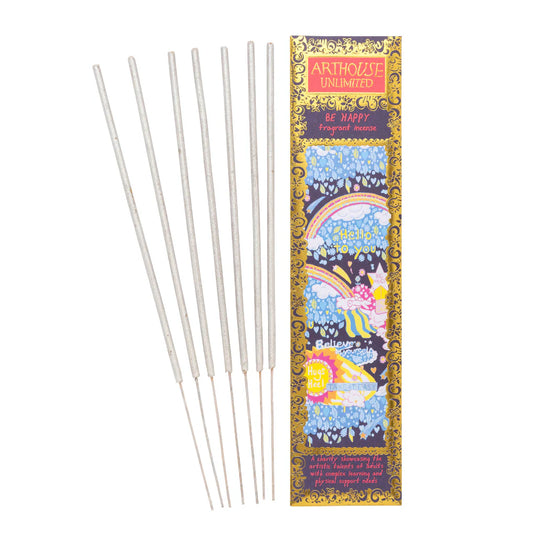 Arthouse Unlimited Be Happy incense sticks beside their colourful box