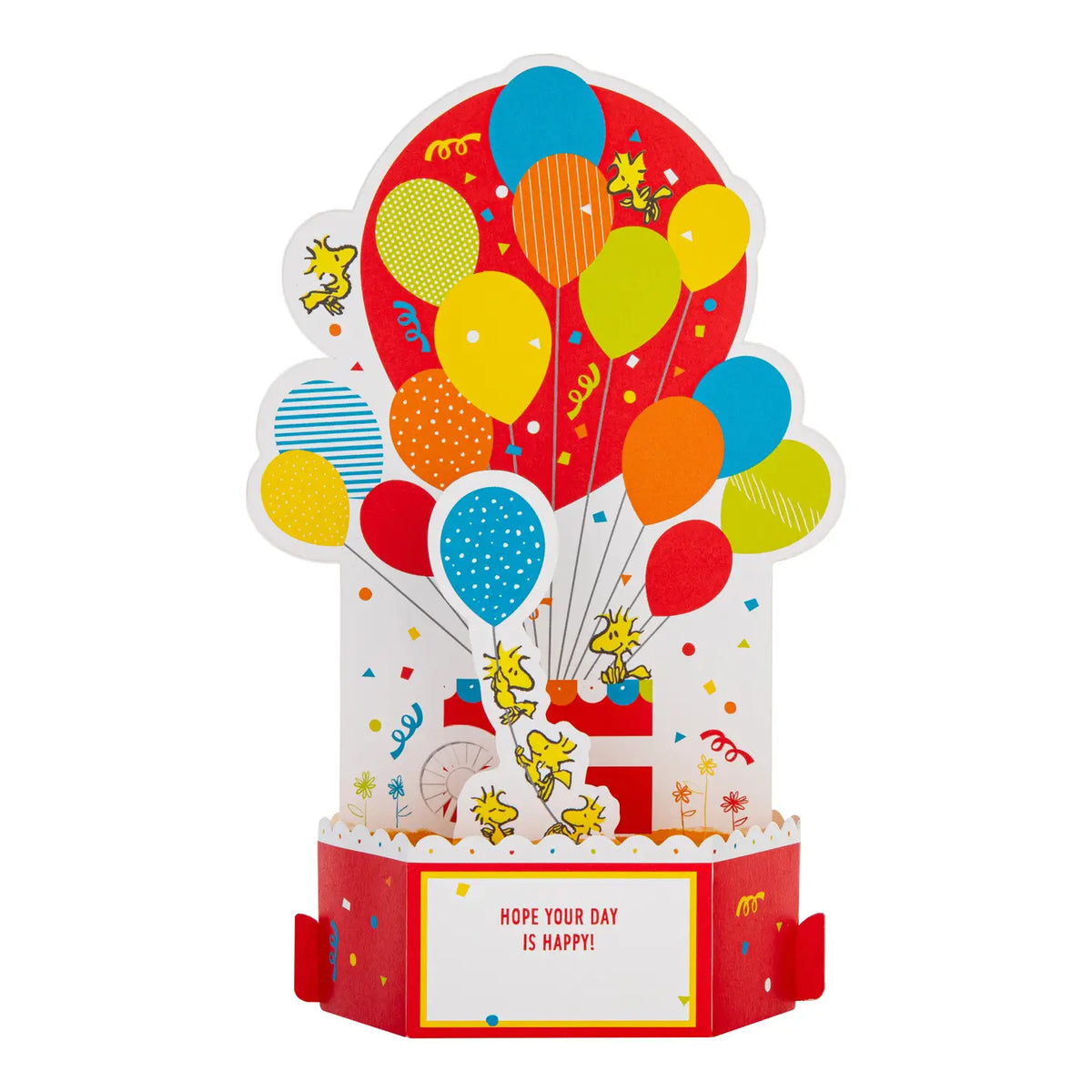 Pop-up card from the side, with balloons and a 'Hope your day is happy!' panel