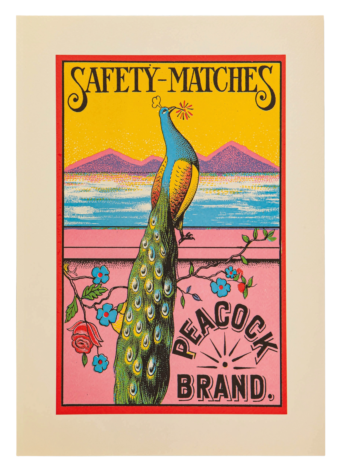 Archivist A3 print: a vintage Peacock Brand safety matches label with a peacock and mountains