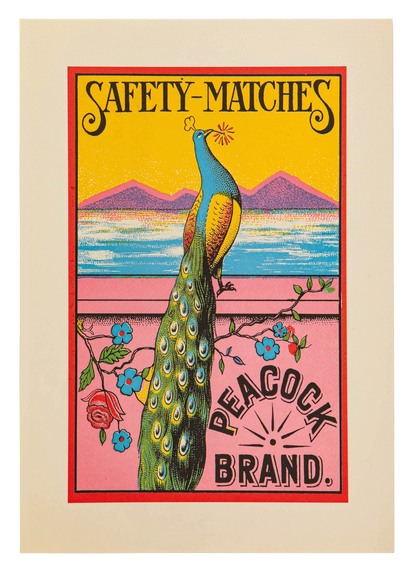 Archivist A3 print: a vintage Peacock Brand safety matches label with a peacock and mountains