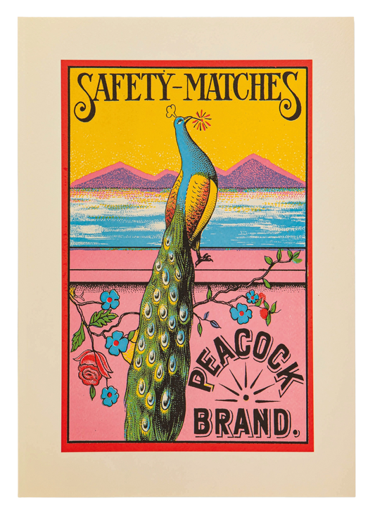 Archivist A3 print: a vintage Peacock Brand safety matches label with a peacock and mountains