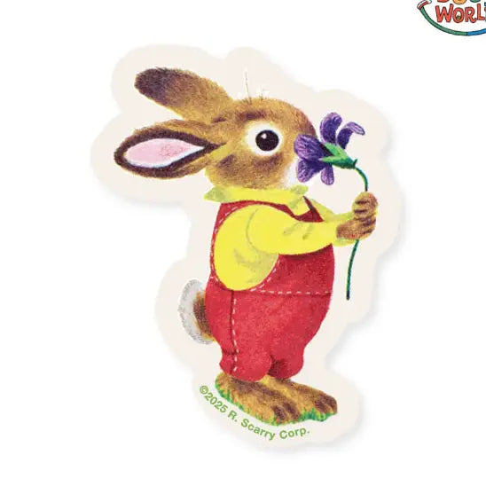 Richard Scarry sticker: Nicholas Bunny in red dungarees holding a purple iris
