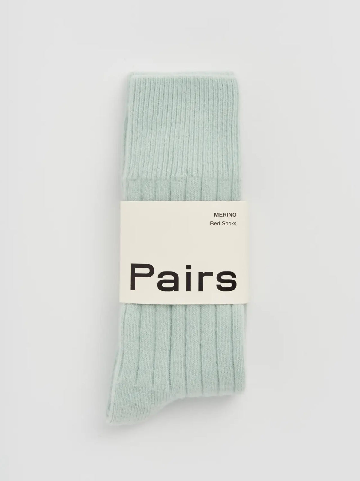 Pairs merino bed socks in winter mint, large, ribbed, with a Pairs paper band