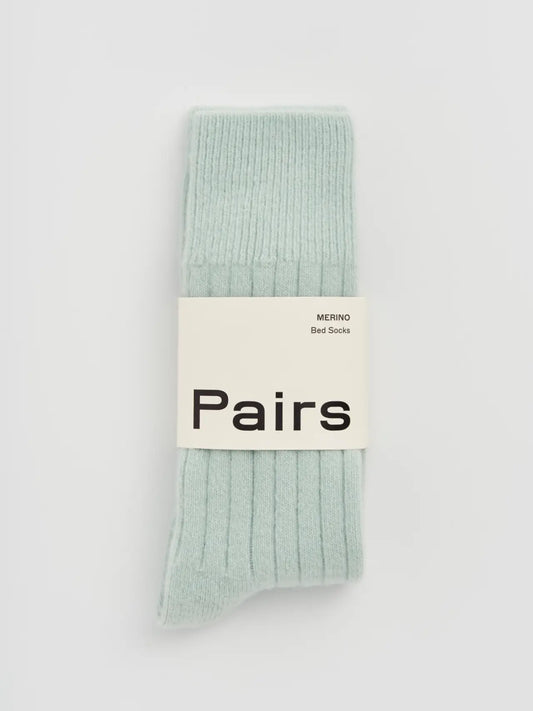 Pairs merino bed socks in winter mint, large, ribbed, with a Pairs paper band