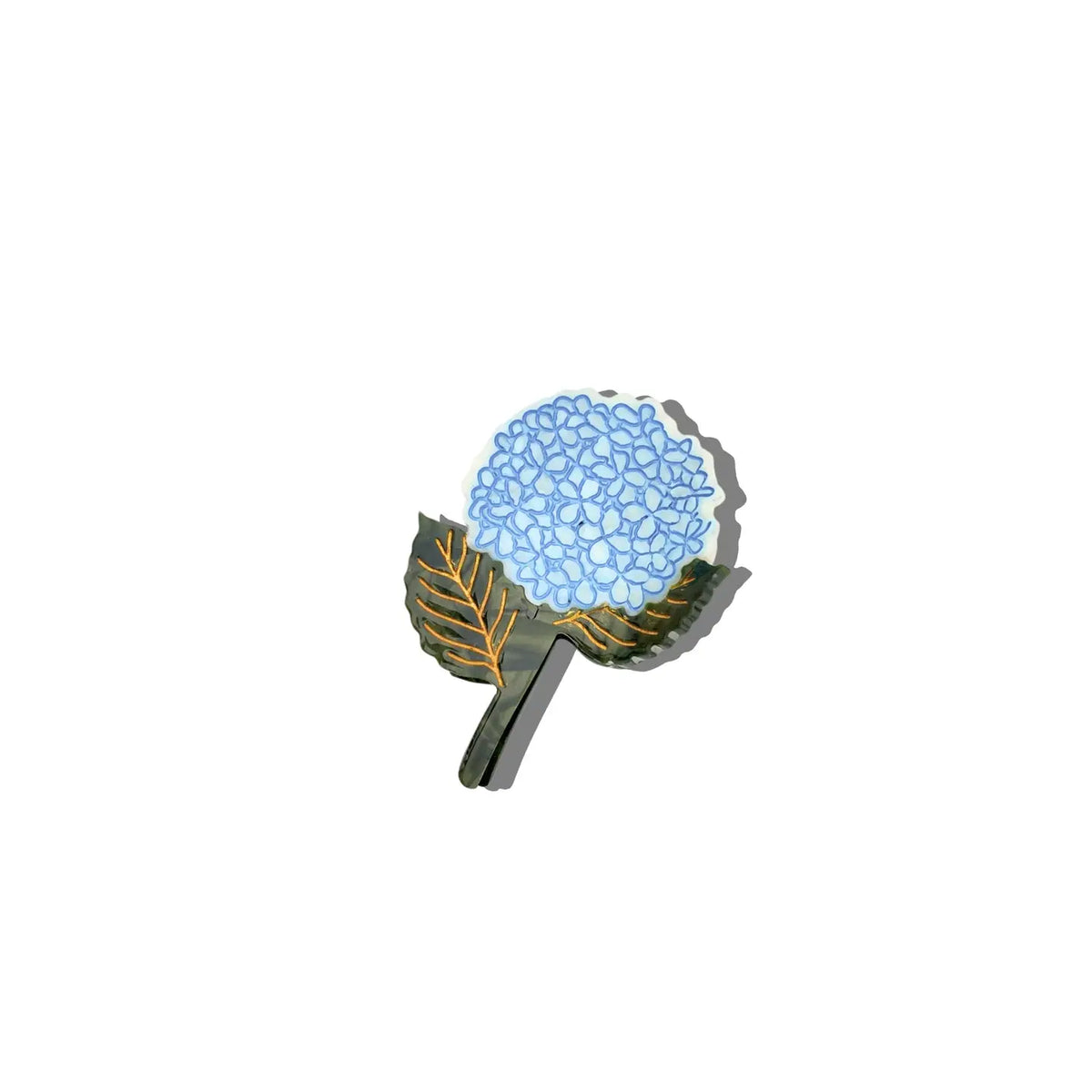 Solar Eclipse hydrangea claw clip with a blue flower head and leaves