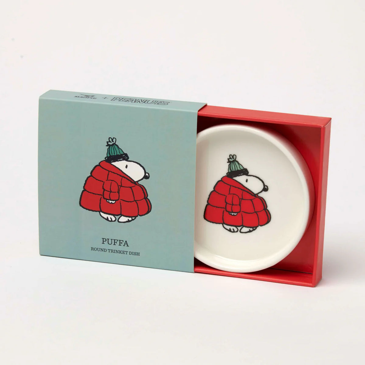 Peanuts Puffa trinket dish: Snoopy in a red puffer coat, in its gift box