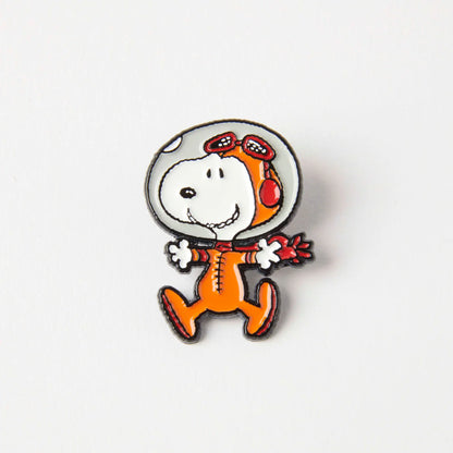 Enamel pin of Snoopy as an astronaut in an orange suit