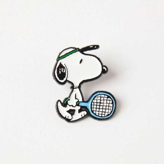 Peanuts tennis enamel pin: Snoopy in a sweatband holding a tennis racket