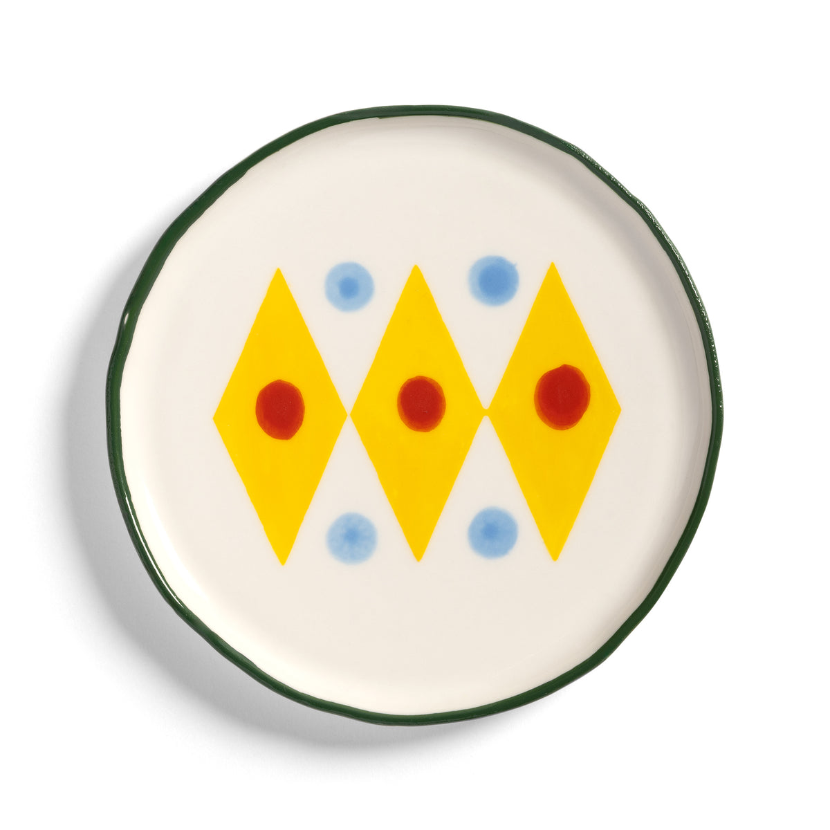 &K Festivo small plate in white with yellow diamonds, red dots and blue spots