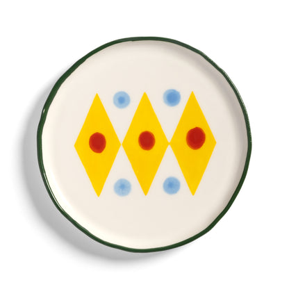 &K Festivo small plate in white with yellow diamonds, red dots and blue spots