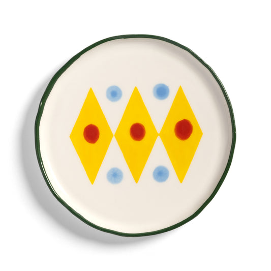 &K Festivo small plate in white with yellow diamonds, red dots and blue spots