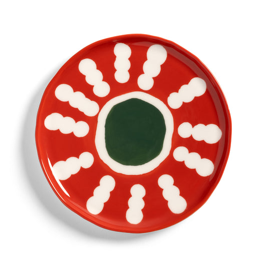 &K Festivo small plate in red with white dots around a dark green centre