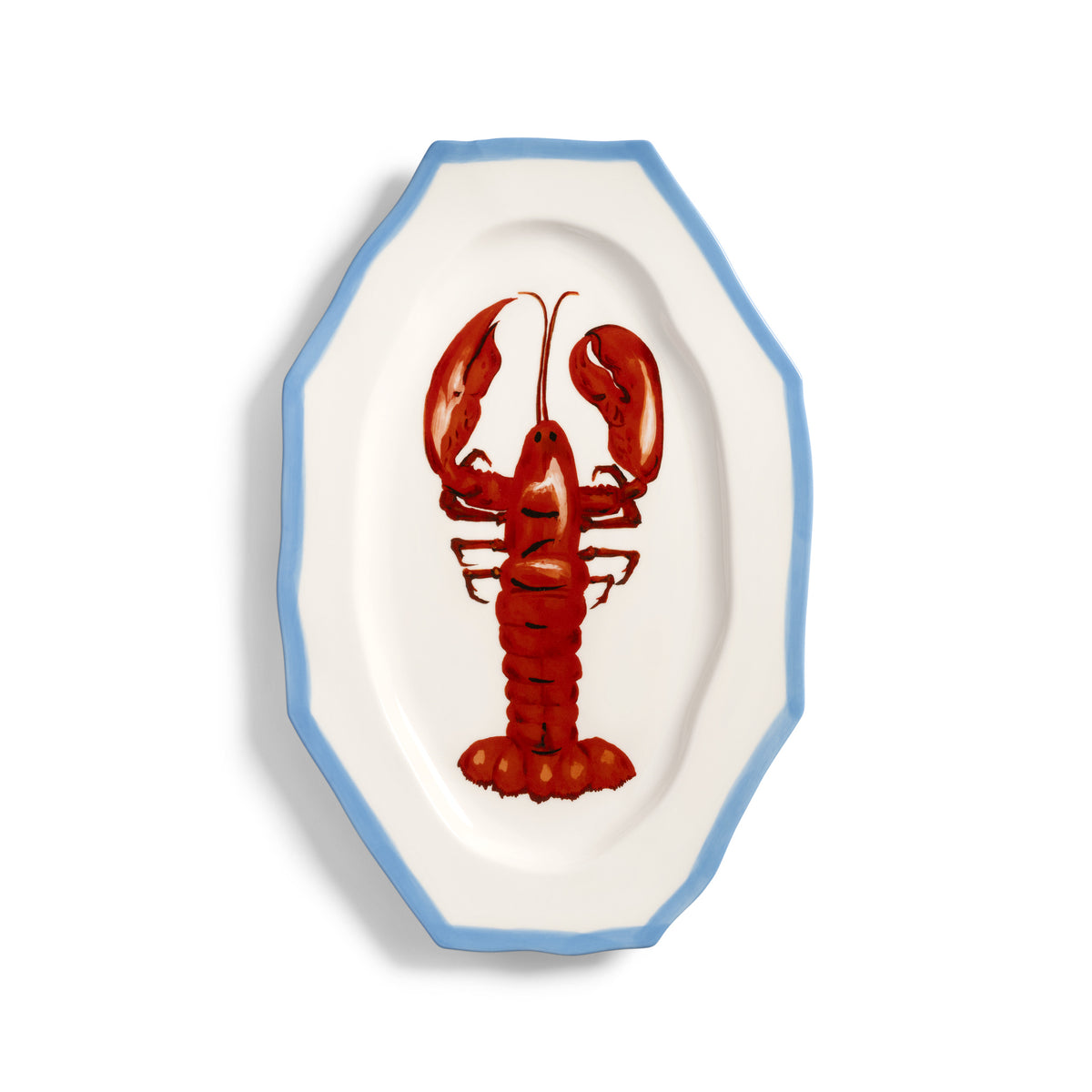 &K lobster platter: an octagonal white plate with a red lobster and blue rim