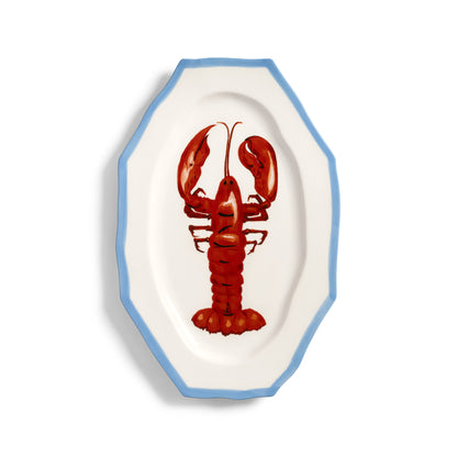 &K lobster platter: an octagonal white plate with a red lobster and blue rim
