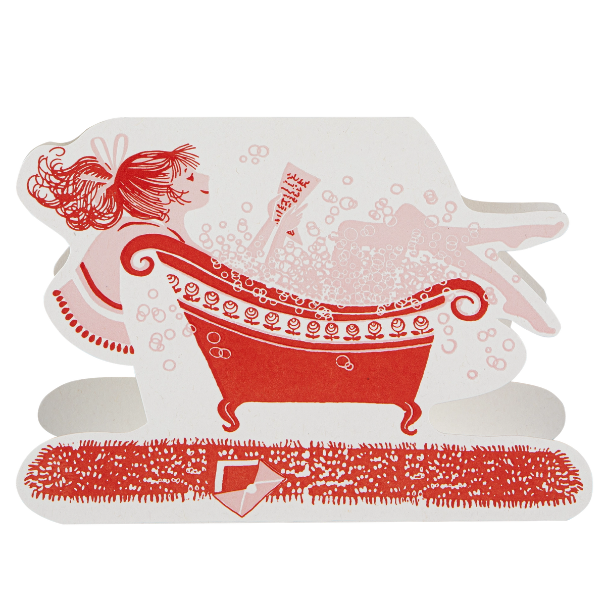 Archivist cut-out card: a woman with red hair relaxing in a red clawfoot bath full of bubbles