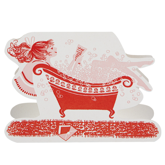 Archivist cut-out card: a woman with red hair relaxing in a red clawfoot bath full of bubbles