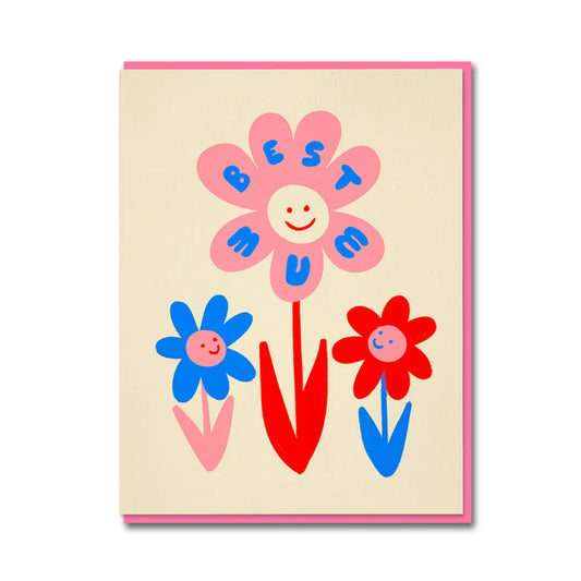 1973 card: smiling flowers with 'Best Mum' written on the petals