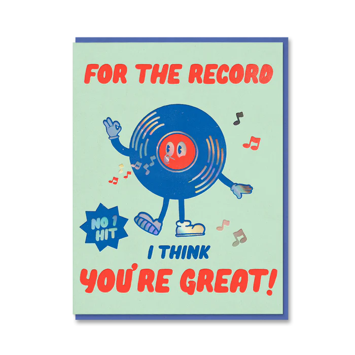 1973 Toonies card: a dancing vinyl record character, with 'For the record I think you're great!'