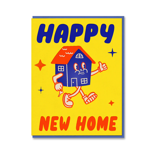 1973 Toonies card: a walking house character with 'Happy new home' on yellow