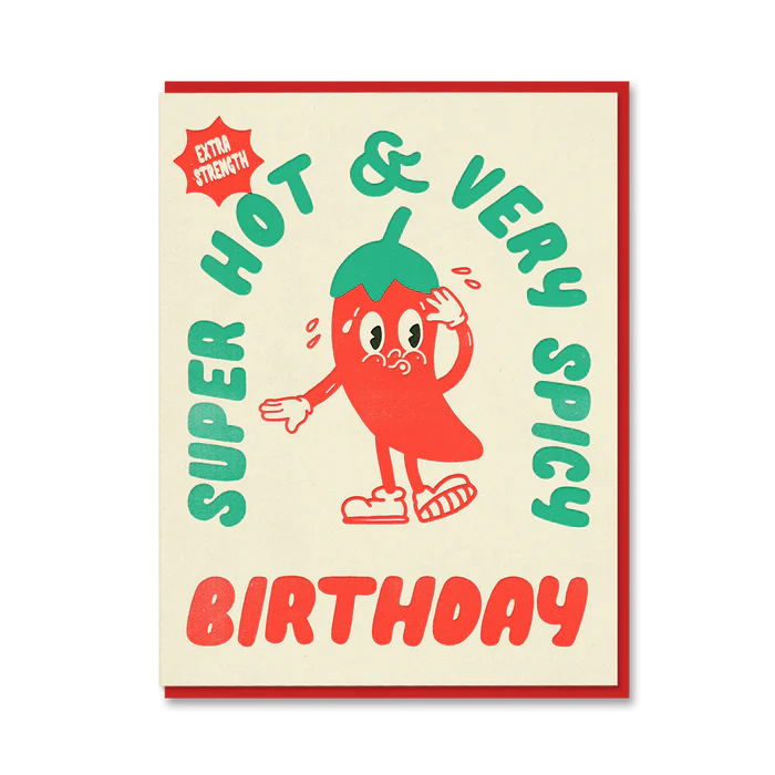 1973 Toonies card: a red chilli pepper character with 'Super hot & very spicy birthday'