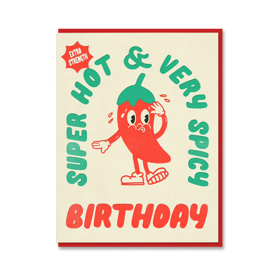 1973 Toonies card: a red chilli pepper character with 'Super hot & very spicy birthday'