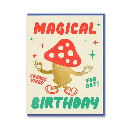 1973 card: a smiling red toadstool character with 'Magical birthday', 'Cosmic vibes' and 'Far out!'