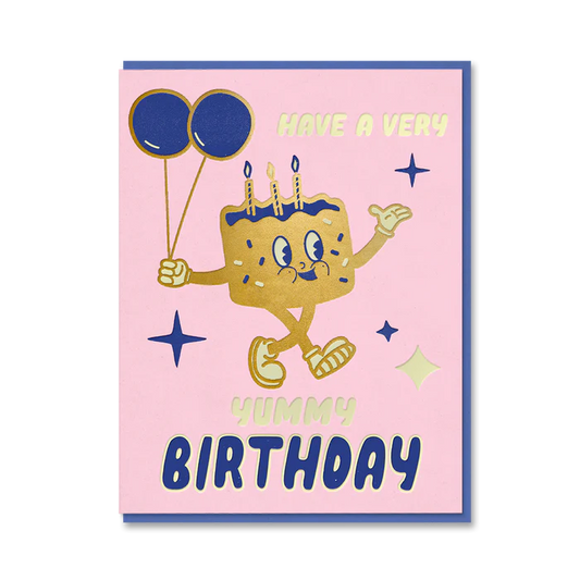 1973 Toonies card: a happy birthday cake character holding blue balloons, with 'Have a very yummy birthday' on pink